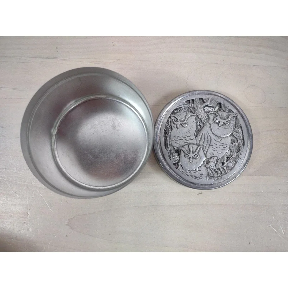 Vintage Pewter Owls Round Trinket Box Designs By Metzke Pewter 1970